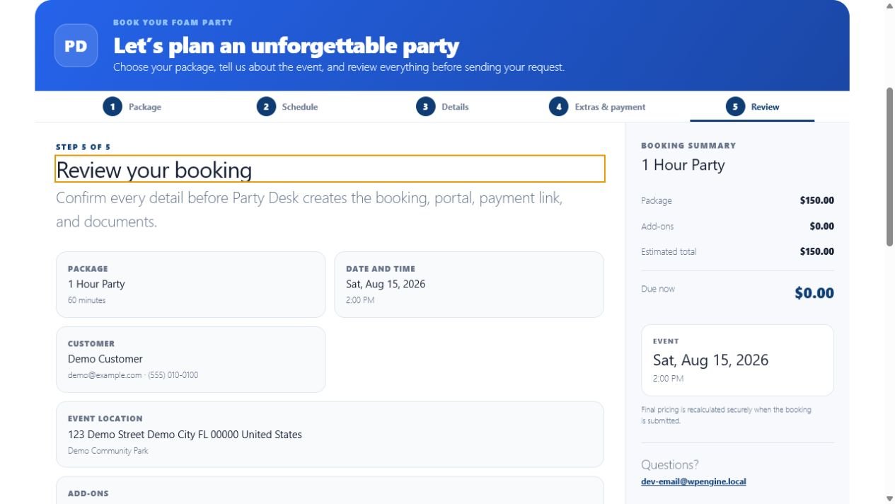 Step 5: review a fictional demonstration booking before submission