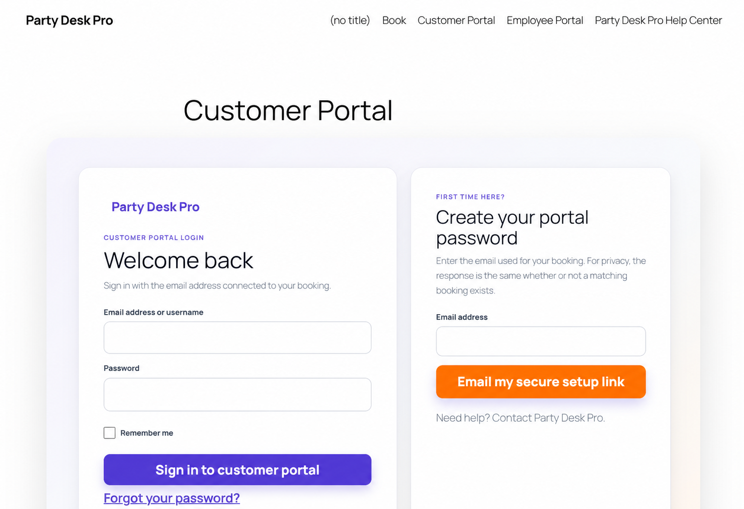 Party Desk Pro customer portal sign-in and first-time setup