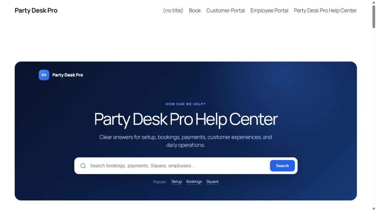 Party Desk Pro Support Hub embedded inside a WordPress website