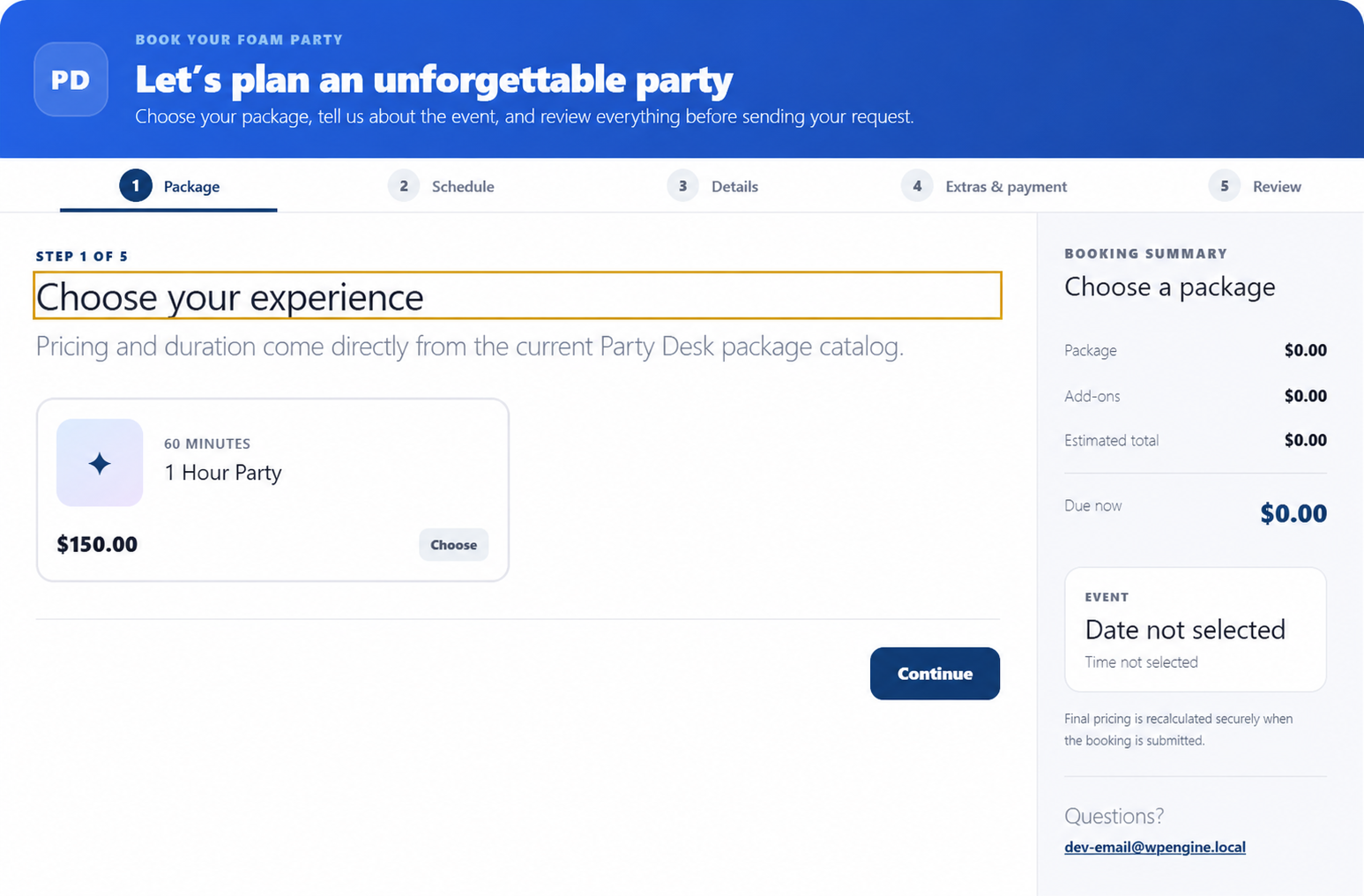 Party Desk Pro public booking form